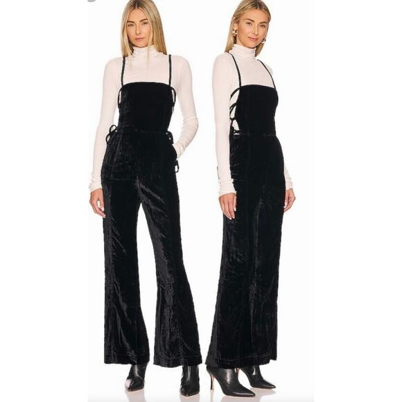 Free People 90s Forever Overalls Crushed Velvet Black size M - Picture 3 of 16